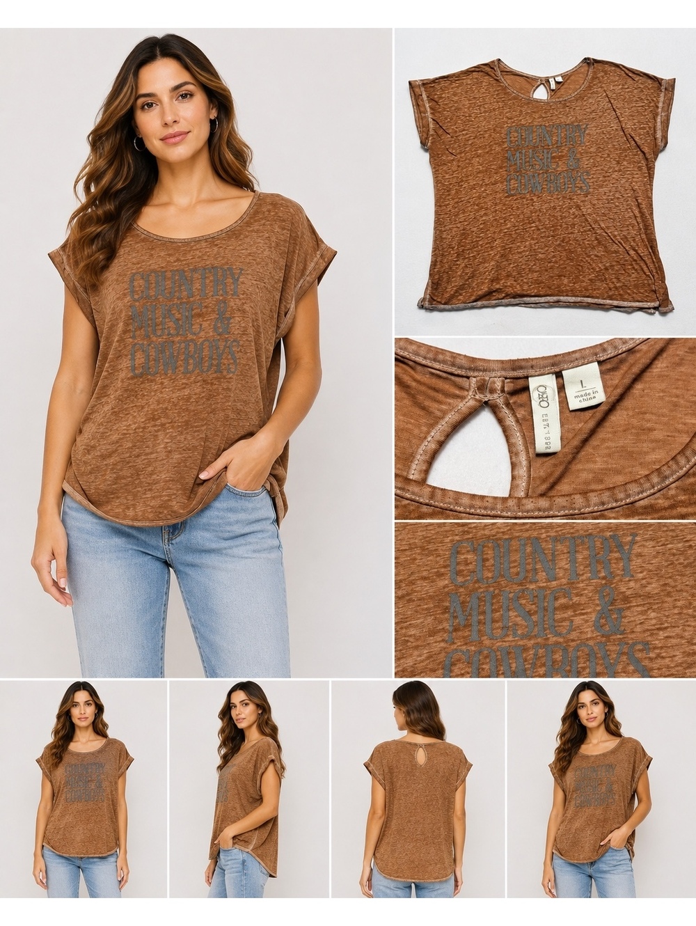 OZEO Women’s L Country Music & Cowboys Brown Graphic Tee Keyhole Back